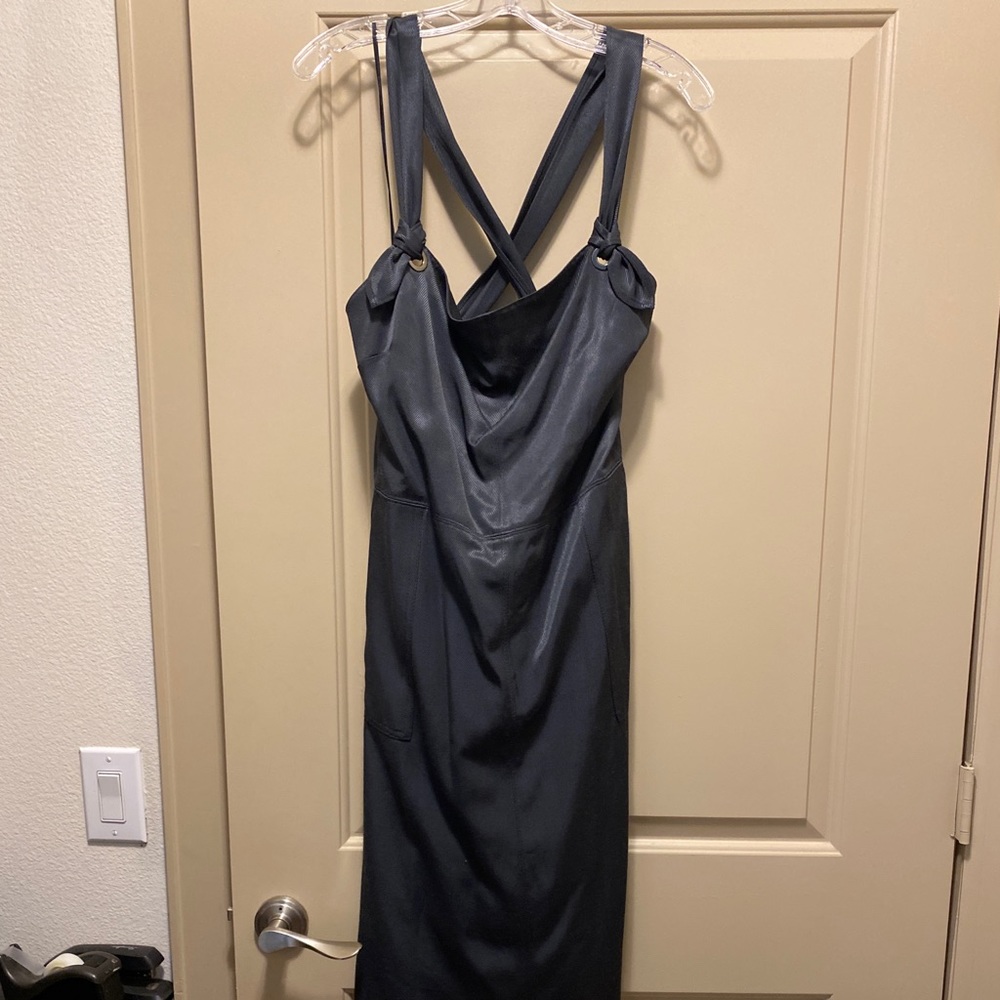 Cross cross backless dress, iridescent navy